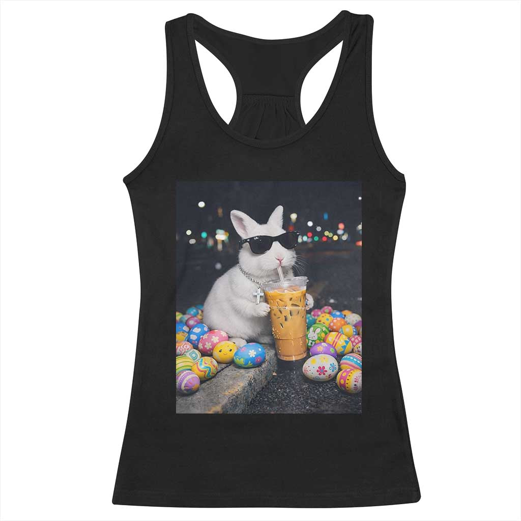 Cool Easter Bunny Drinking Iced Coffee Graphic Racerback Tank Top Funny Sunglasses Rabbit Spring Aesthetic