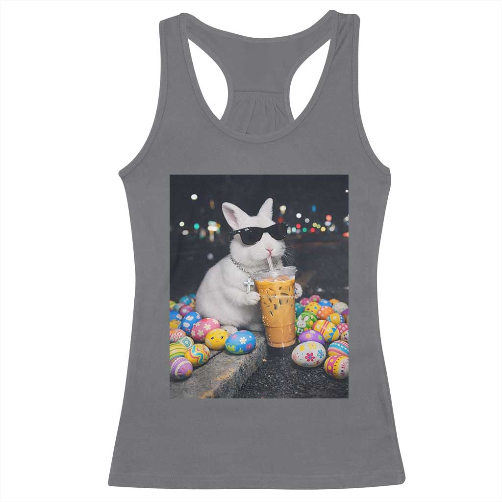 Cool Easter Bunny Drinking Iced Coffee Graphic Racerback Tank Top Funny Sunglasses Rabbit Spring Aesthetic