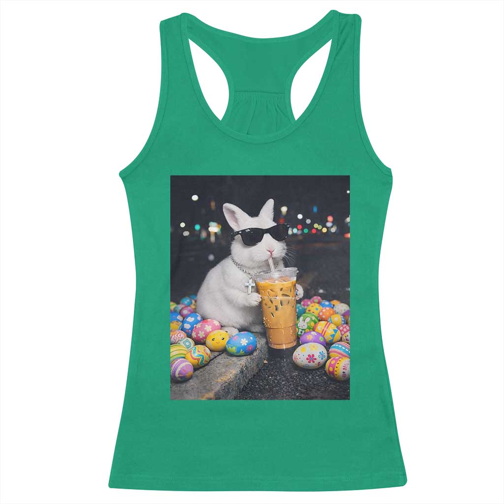 Cool Easter Bunny Drinking Iced Coffee Graphic Racerback Tank Top Funny Sunglasses Rabbit Spring Aesthetic
