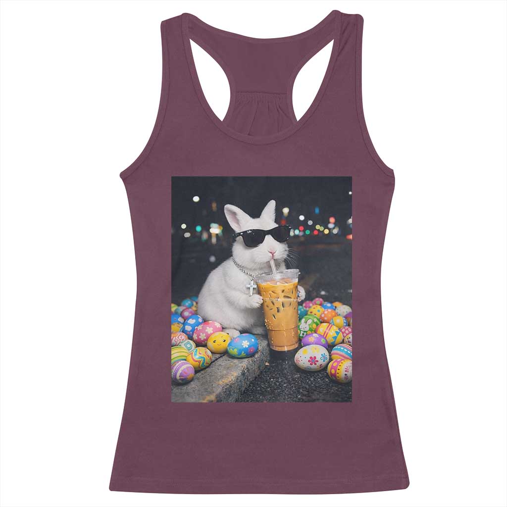 Cool Easter Bunny Drinking Iced Coffee Graphic Racerback Tank Top Funny Sunglasses Rabbit Spring Aesthetic