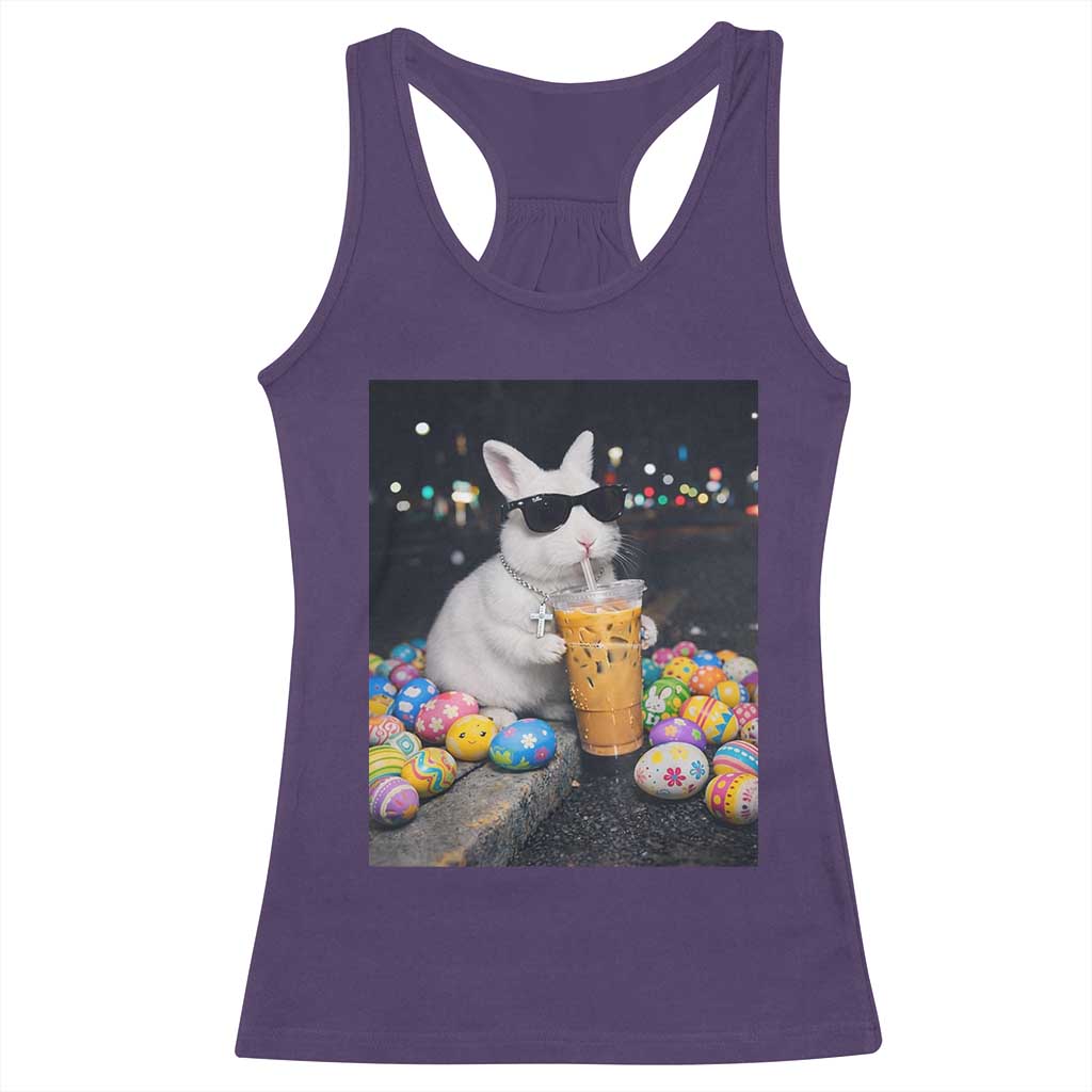 Cool Easter Bunny Drinking Iced Coffee Graphic Racerback Tank Top Funny Sunglasses Rabbit Spring Aesthetic