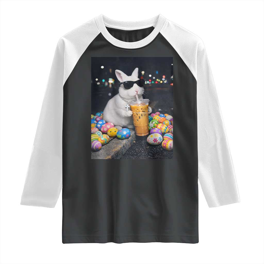 Cool Easter Bunny Drinking Iced Coffee Graphic Raglan Shirt Funny Sunglasses Rabbit Spring Aesthetic