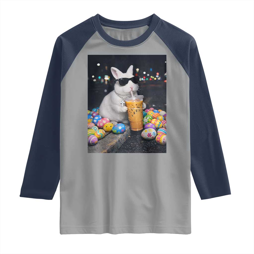 Cool Easter Bunny Drinking Iced Coffee Graphic Raglan Shirt Funny Sunglasses Rabbit Spring Aesthetic