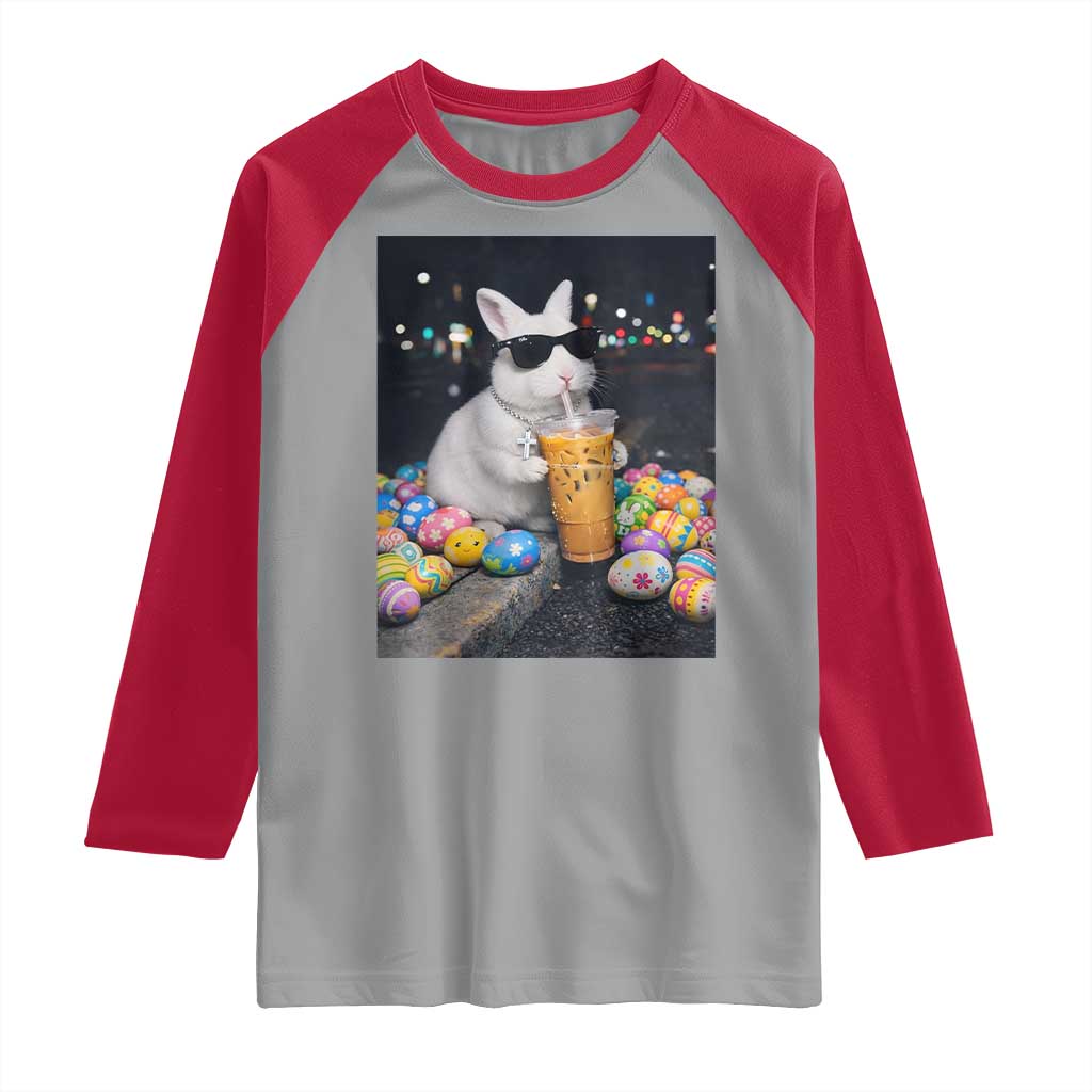 Cool Easter Bunny Drinking Iced Coffee Graphic Raglan Shirt Funny Sunglasses Rabbit Spring Aesthetic