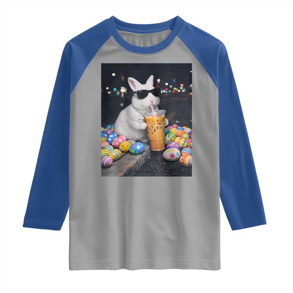 Cool Easter Bunny Drinking Iced Coffee Graphic Raglan Shirt Funny Sunglasses Rabbit Spring Aesthetic