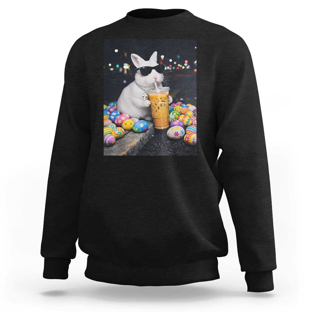 Cool Easter Bunny Drinking Iced Coffee Graphic Sweatshirt Funny Sunglasses Rabbit Spring Aesthetic