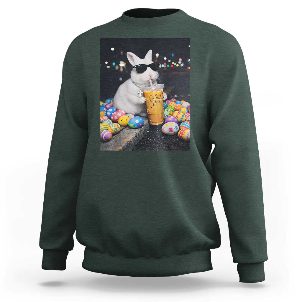 Cool Easter Bunny Drinking Iced Coffee Graphic Sweatshirt Funny Sunglasses Rabbit Spring Aesthetic