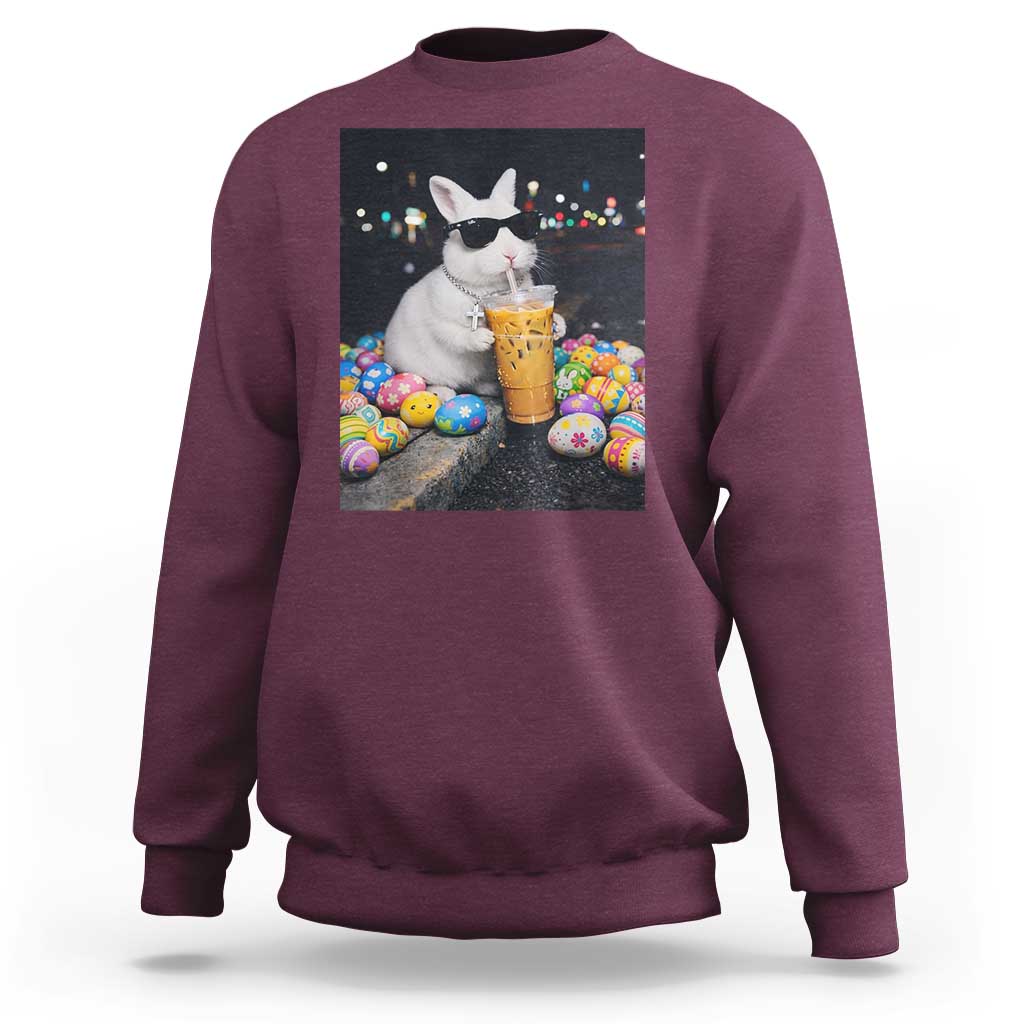 Cool Easter Bunny Drinking Iced Coffee Graphic Sweatshirt Funny Sunglasses Rabbit Spring Aesthetic