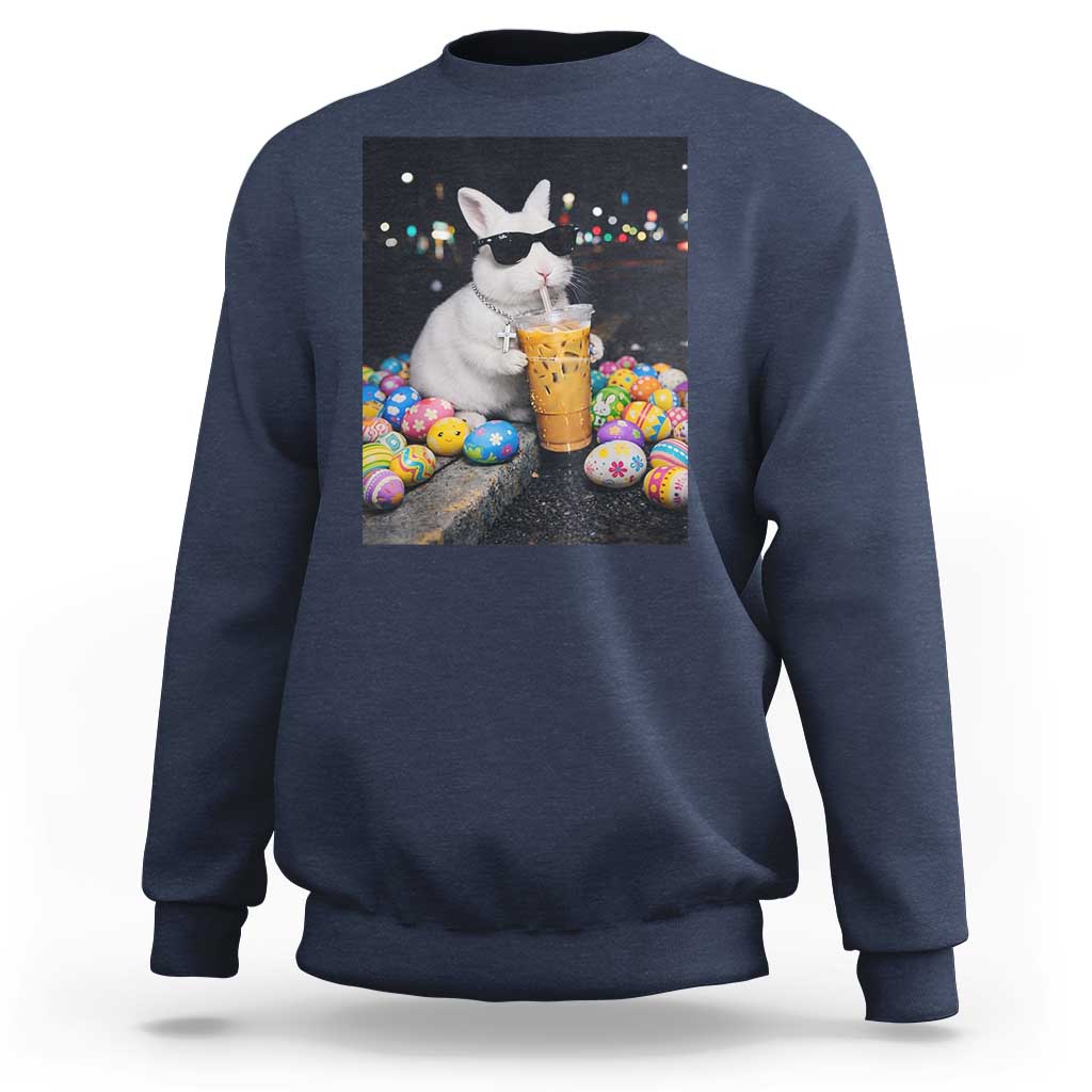 Cool Easter Bunny Drinking Iced Coffee Graphic Sweatshirt Funny Sunglasses Rabbit Spring Aesthetic
