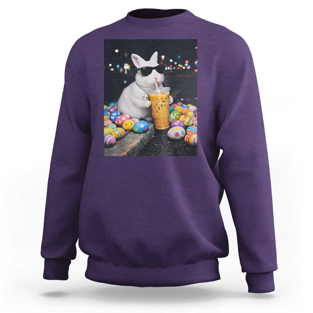 Cool Easter Bunny Drinking Iced Coffee Graphic Sweatshirt Funny Sunglasses Rabbit Spring Aesthetic
