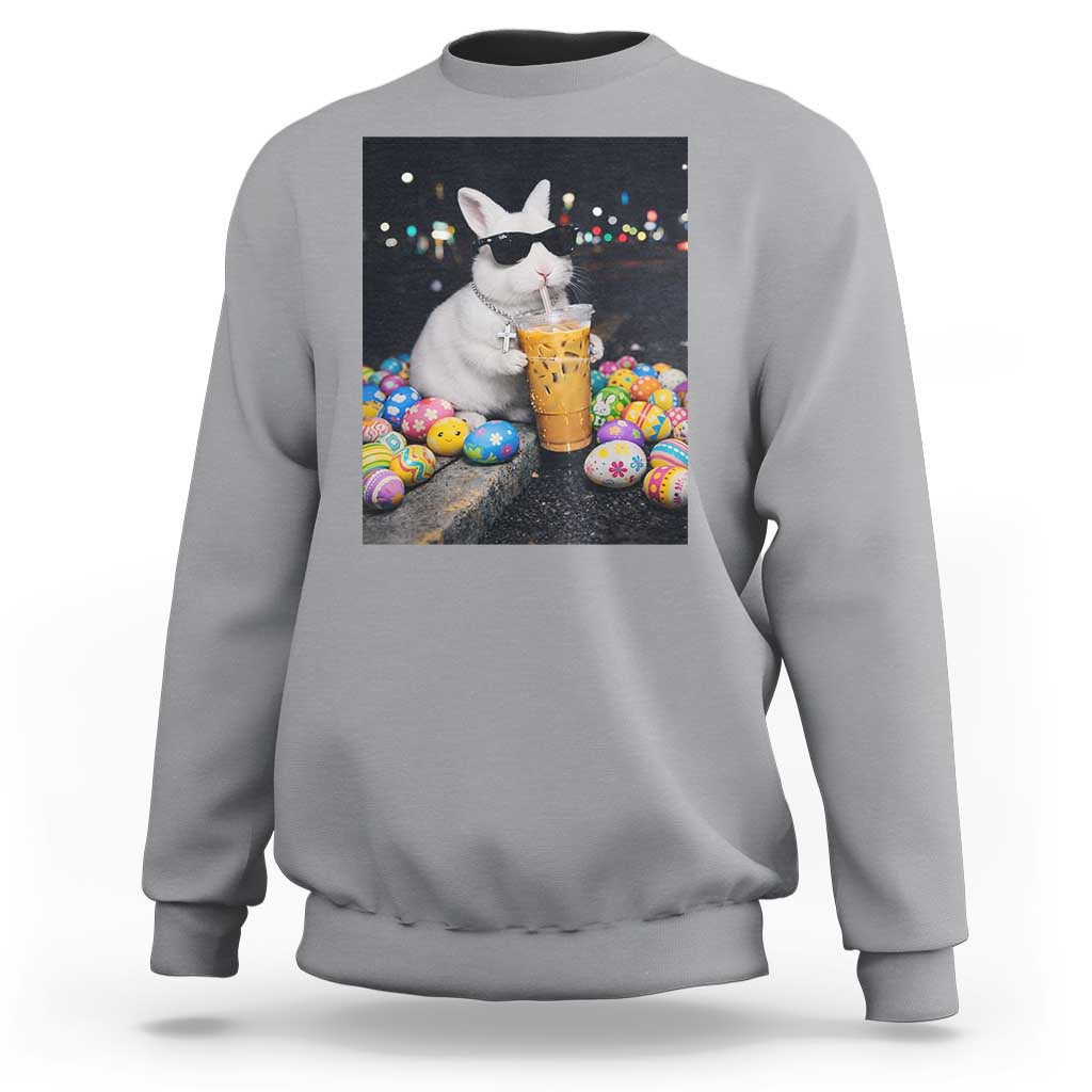 Cool Easter Bunny Drinking Iced Coffee Graphic Sweatshirt Funny Sunglasses Rabbit Spring Aesthetic