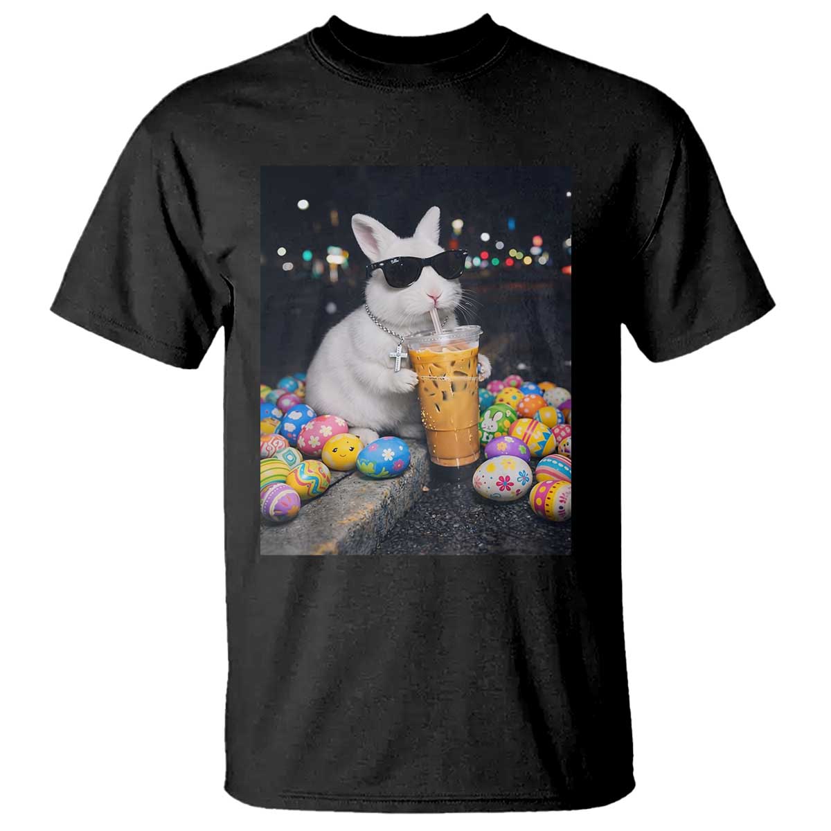 Cool Easter Bunny Drinking Iced Coffee Graphic T Shirt Funny Sunglasses Rabbit Spring Aesthetic