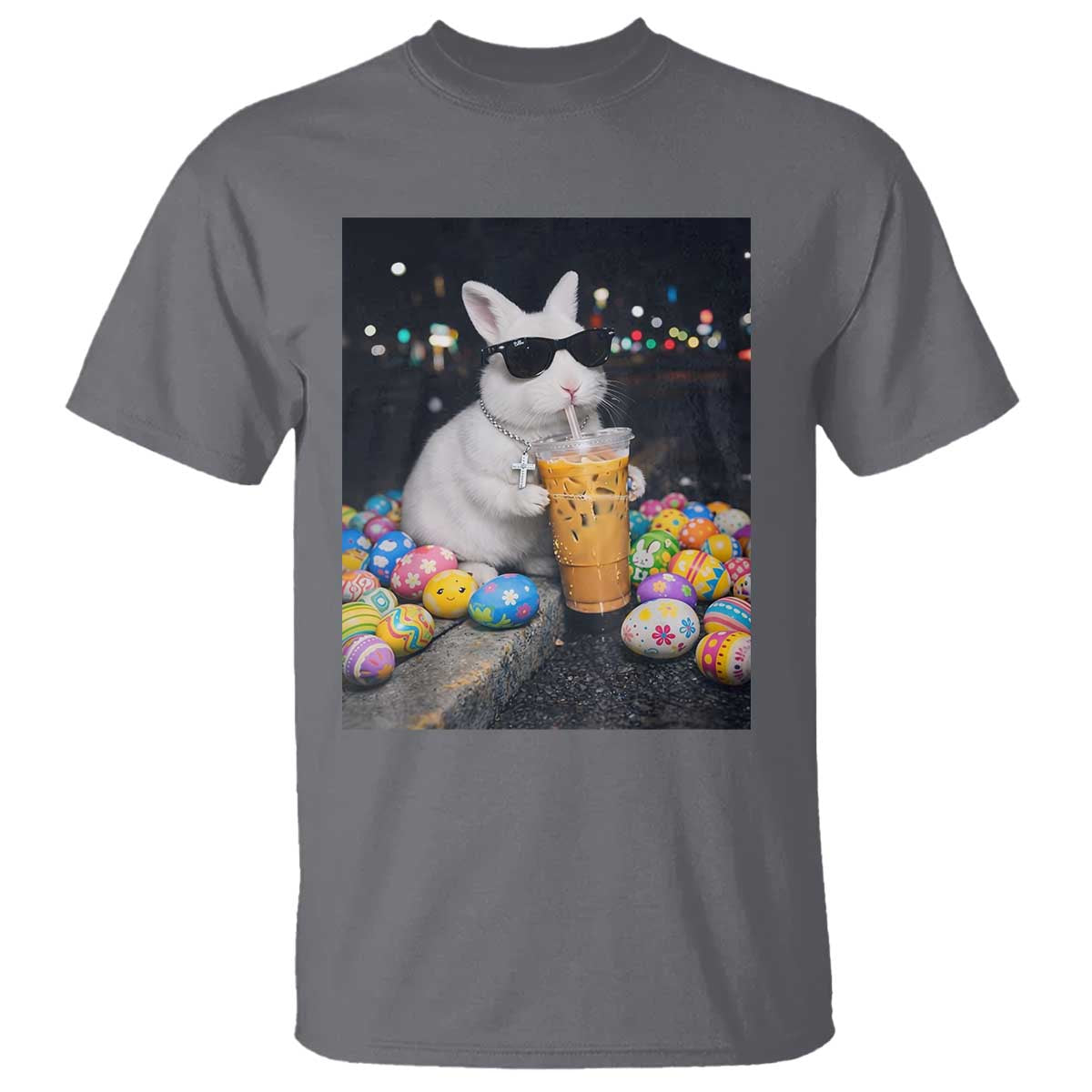 Cool Easter Bunny Drinking Iced Coffee Graphic T Shirt Funny Sunglasses Rabbit Spring Aesthetic