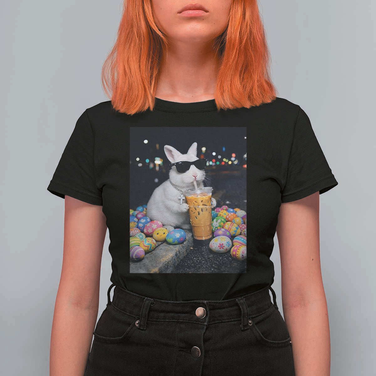 Cool Easter Bunny Drinking Iced Coffee Graphic T Shirt For Women Funny Sunglasses Rabbit Spring Aesthetic