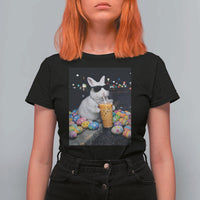 Cool Easter Bunny Drinking Iced Coffee Graphic T Shirt For Women Funny Sunglasses Rabbit Spring Aesthetic
