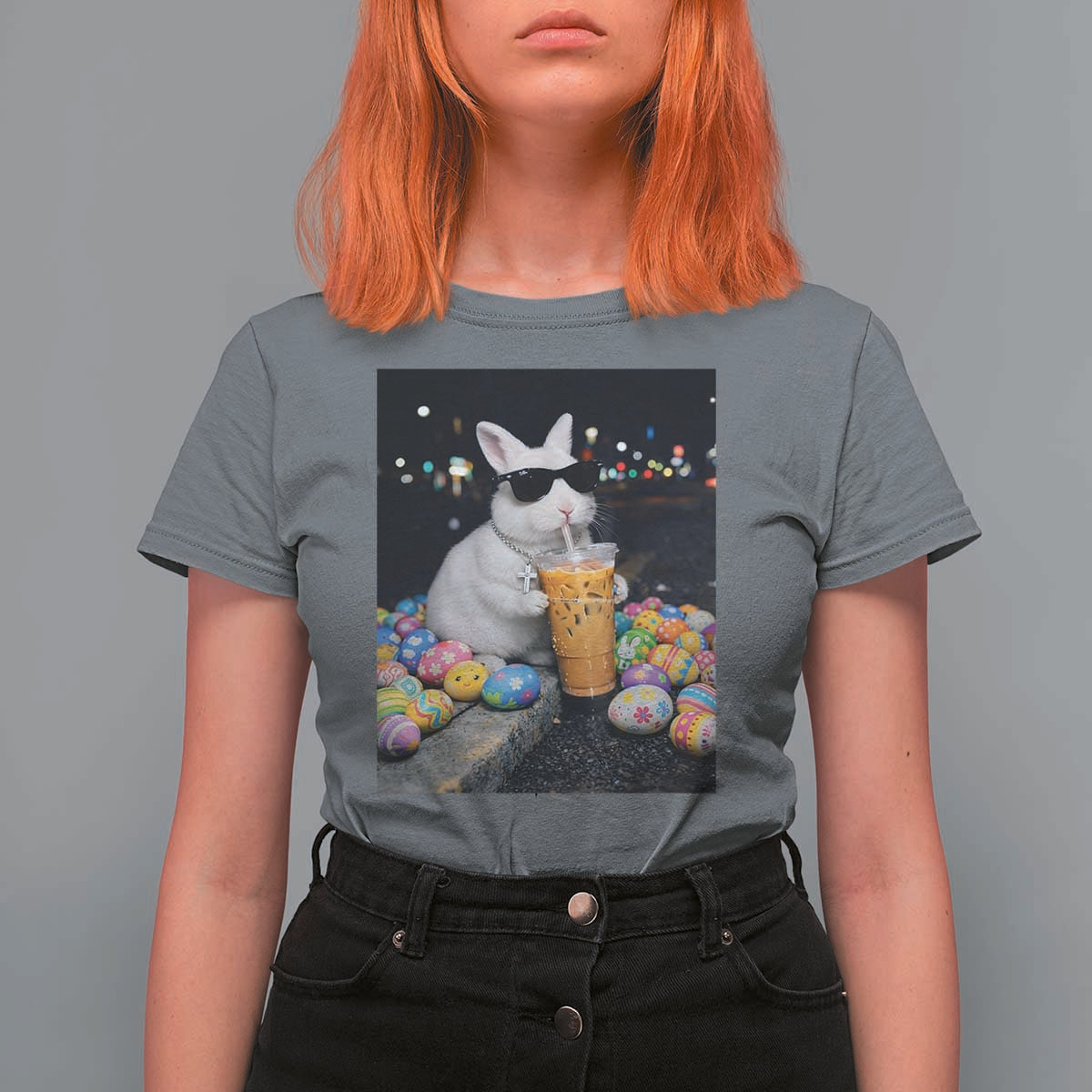 Cool Easter Bunny Drinking Iced Coffee Graphic T Shirt For Women Funny Sunglasses Rabbit Spring Aesthetic