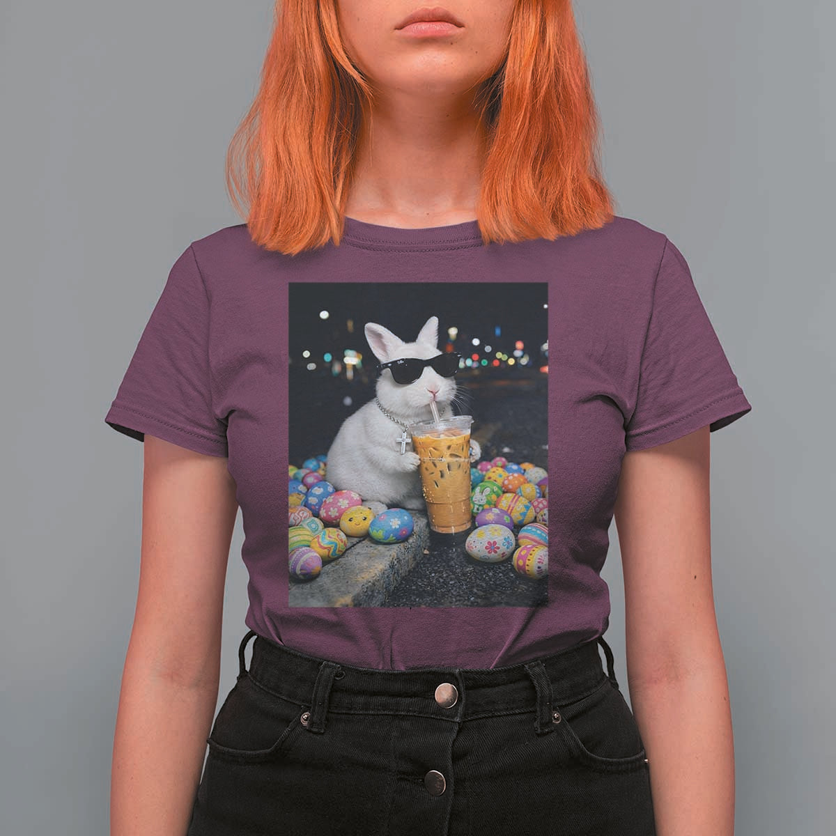 Cool Easter Bunny Drinking Iced Coffee Graphic T Shirt For Women Funny Sunglasses Rabbit Spring Aesthetic