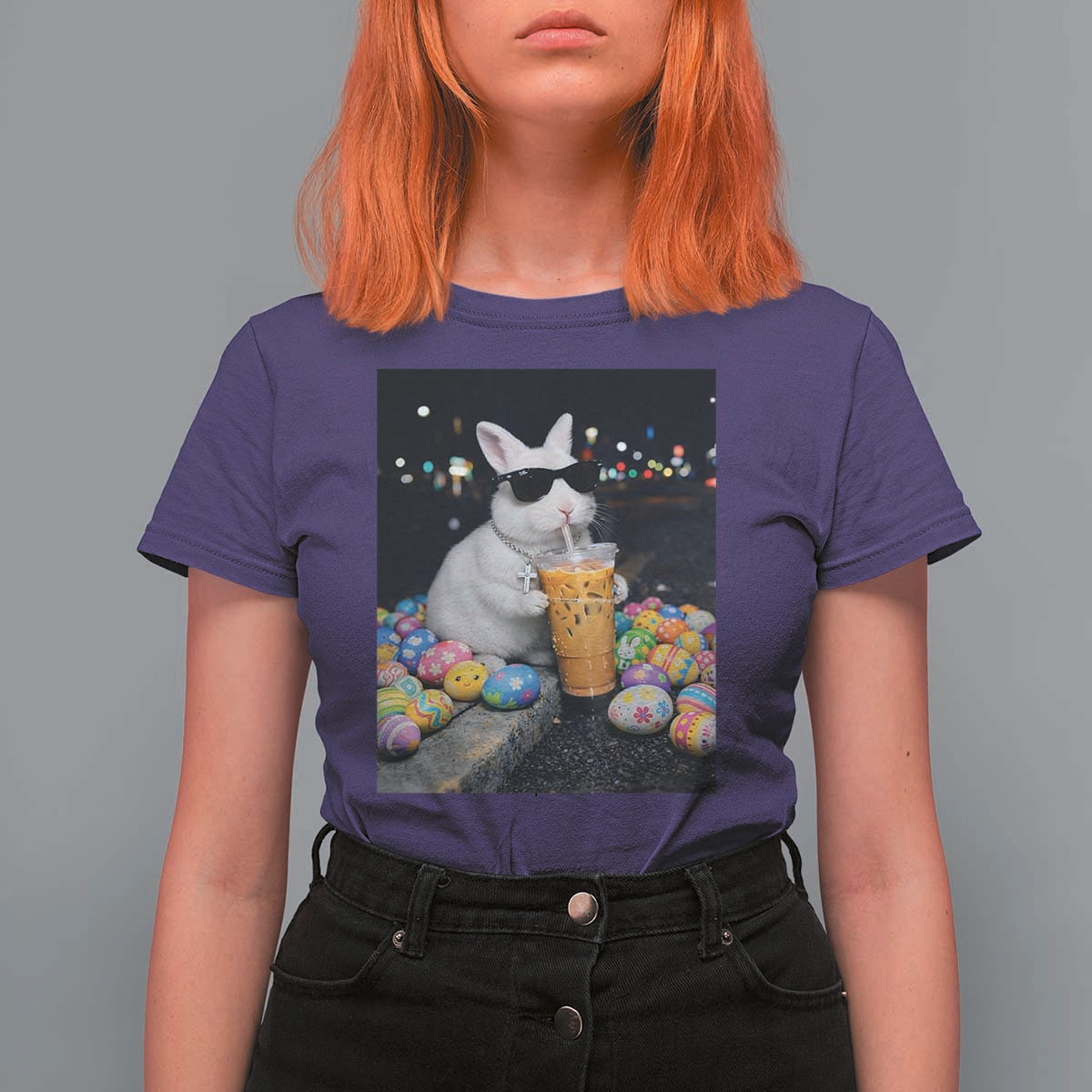 Cool Easter Bunny Drinking Iced Coffee Graphic T Shirt For Women Funny Sunglasses Rabbit Spring Aesthetic