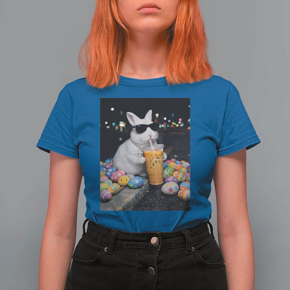 Cool Easter Bunny Drinking Iced Coffee Graphic T Shirt For Women Funny Sunglasses Rabbit Spring Aesthetic