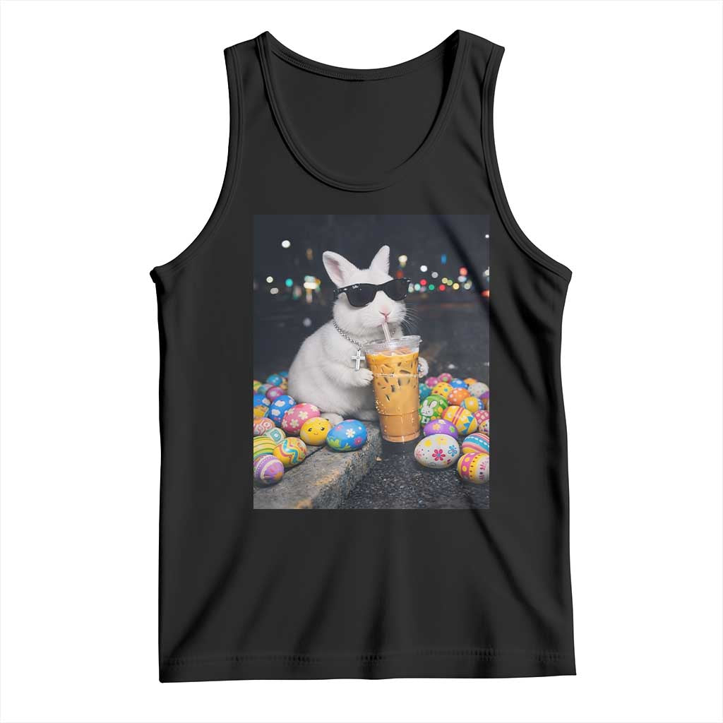 Cool Easter Bunny Drinking Iced Coffee Graphic Tank Top Funny Sunglasses Rabbit Spring Aesthetic