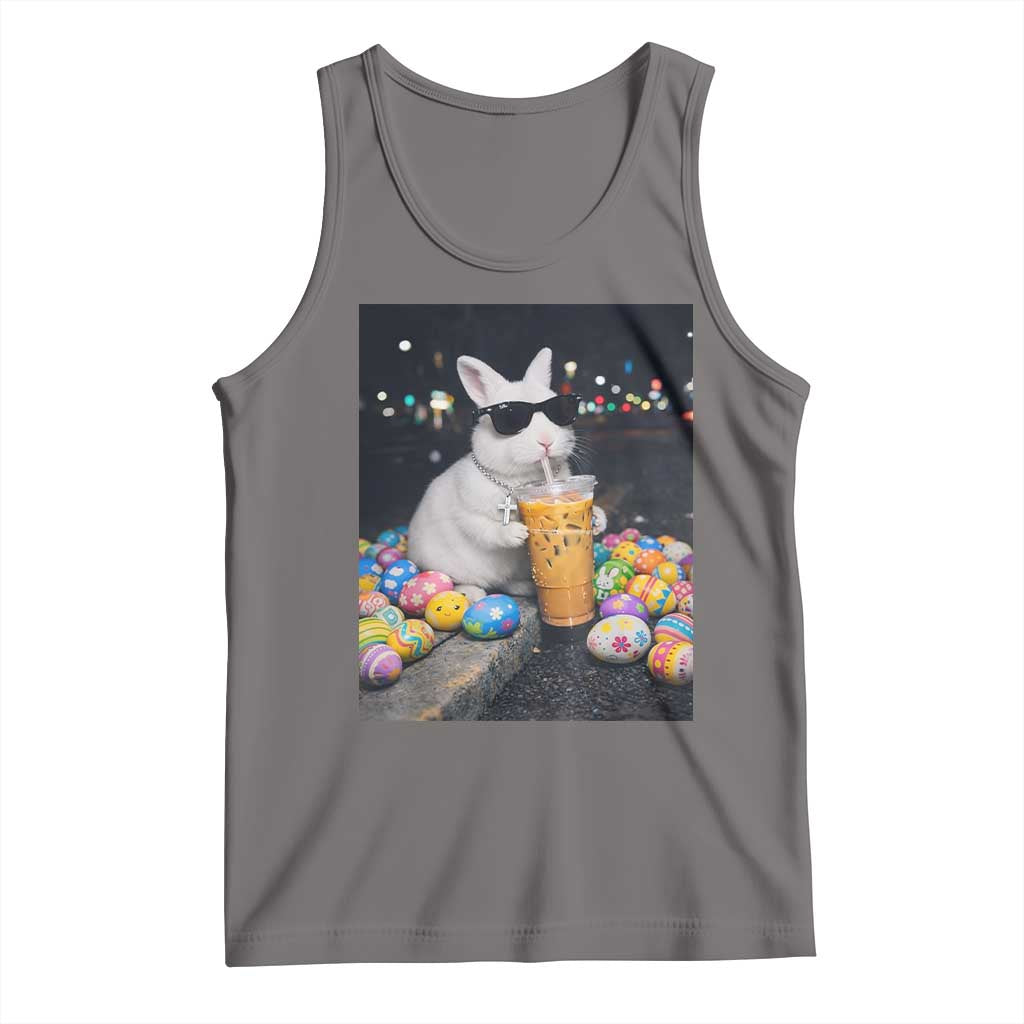 Cool Easter Bunny Drinking Iced Coffee Graphic Tank Top Funny Sunglasses Rabbit Spring Aesthetic