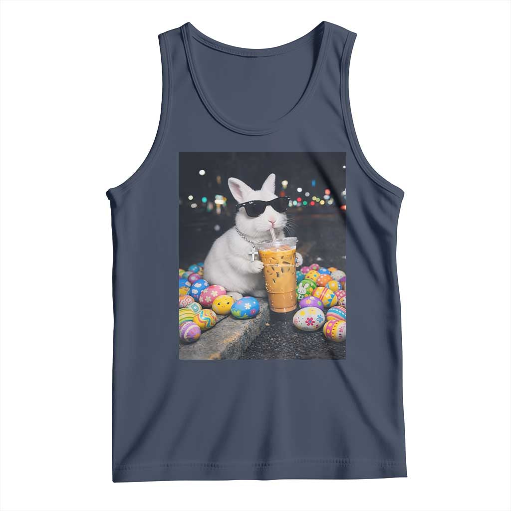 Cool Easter Bunny Drinking Iced Coffee Graphic Tank Top Funny Sunglasses Rabbit Spring Aesthetic
