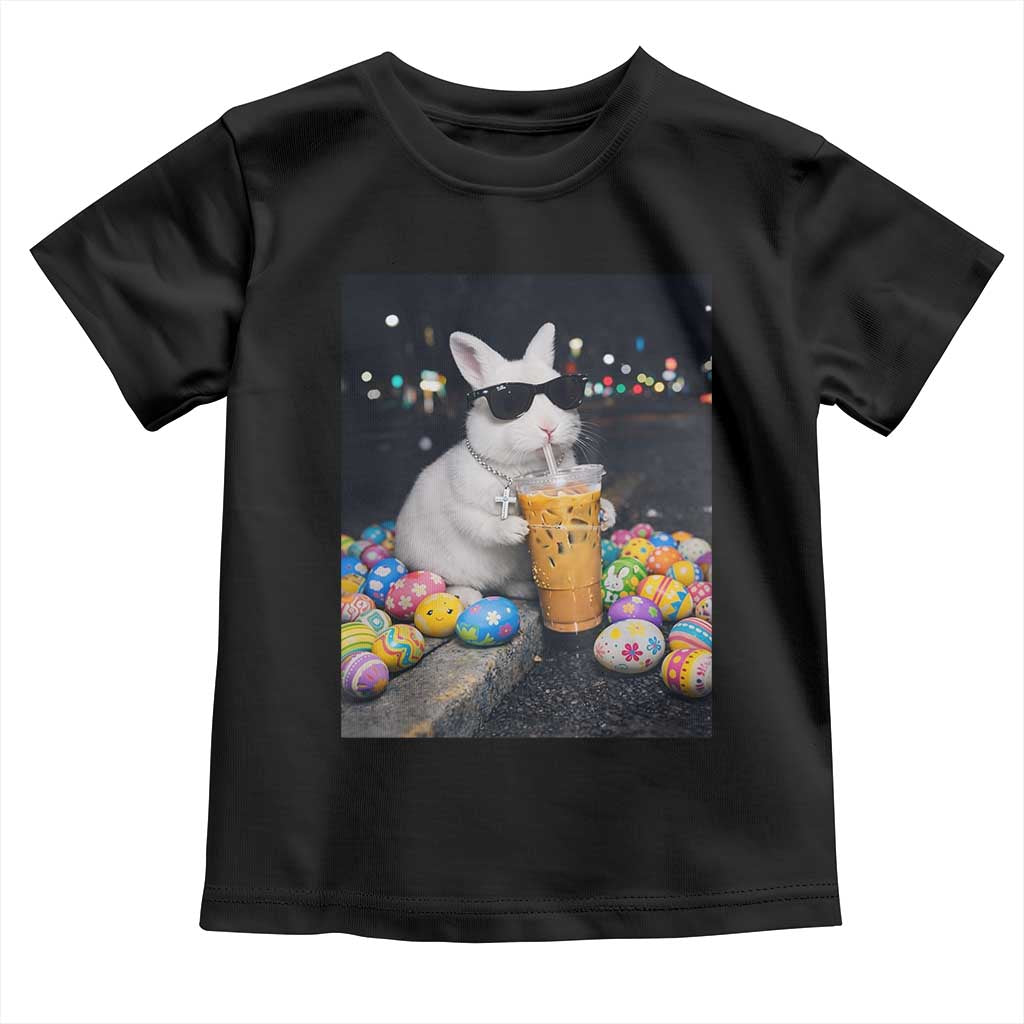 Cool Easter Bunny Drinking Iced Coffee Graphic Toddler T Shirt Funny Sunglasses Rabbit Spring Aesthetic