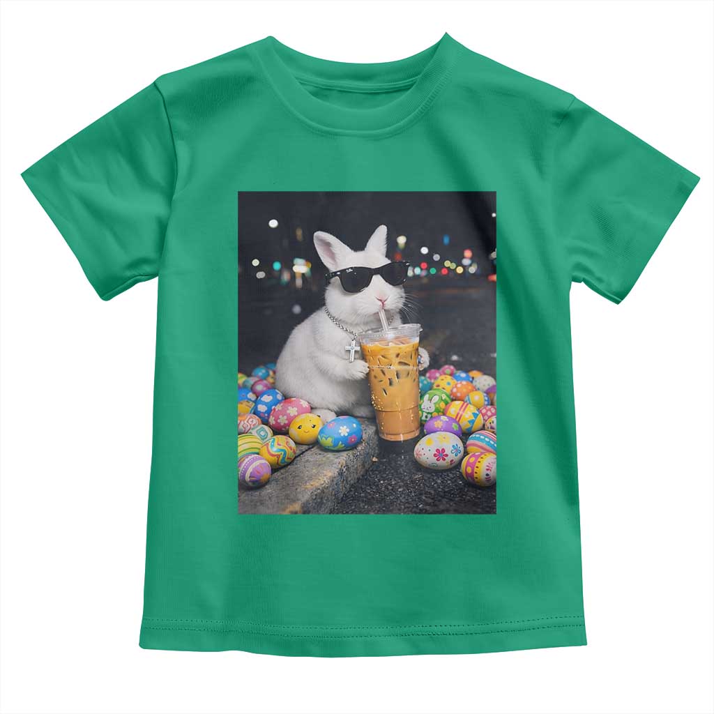 Cool Easter Bunny Drinking Iced Coffee Graphic Toddler T Shirt Funny Sunglasses Rabbit Spring Aesthetic