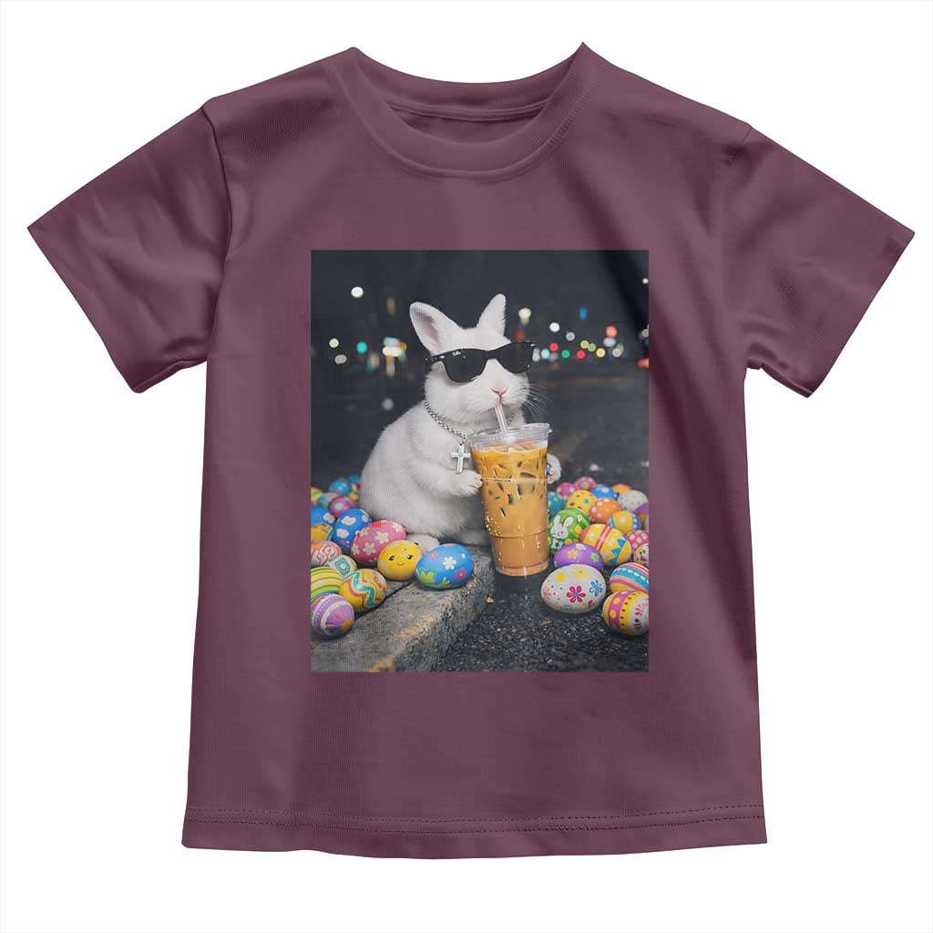 Cool Easter Bunny Drinking Iced Coffee Graphic Toddler T Shirt Funny Sunglasses Rabbit Spring Aesthetic
