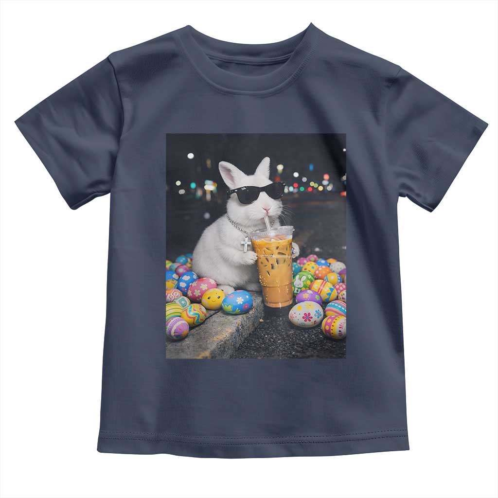 Cool Easter Bunny Drinking Iced Coffee Graphic Toddler T Shirt Funny Sunglasses Rabbit Spring Aesthetic