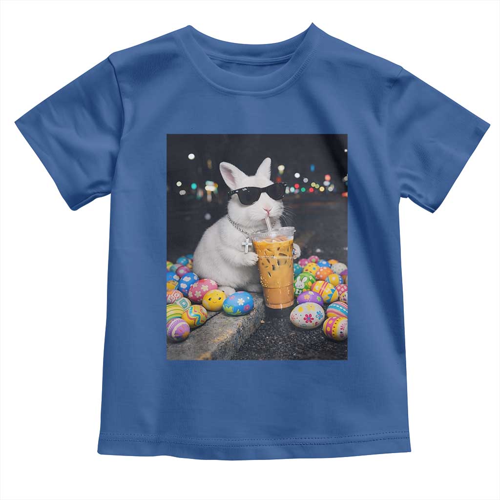 Cool Easter Bunny Drinking Iced Coffee Graphic Toddler T Shirt Funny Sunglasses Rabbit Spring Aesthetic