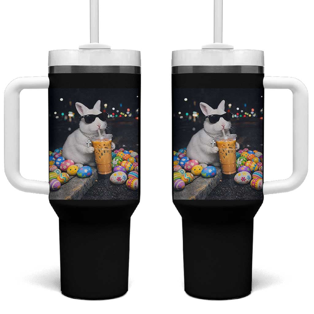Cool Easter Bunny Drinking Iced Coffee Graphic Tumbler With Handle Funny Sunglasses Rabbit Spring Aesthetic
