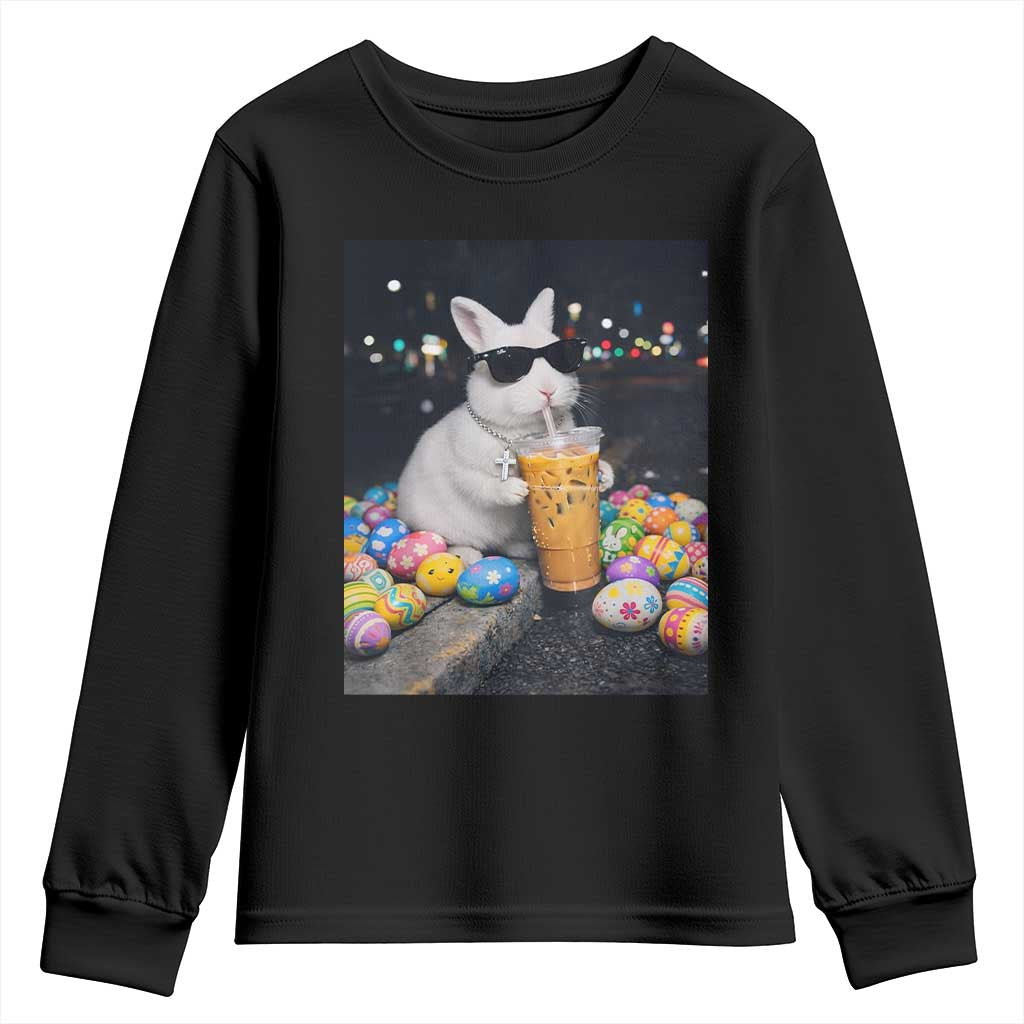 Cool Easter Bunny Drinking Iced Coffee Graphic Youth Sweatshirt Funny Sunglasses Rabbit Spring Aesthetic