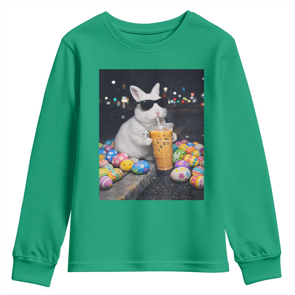 Cool Easter Bunny Drinking Iced Coffee Graphic Youth Sweatshirt Funny Sunglasses Rabbit Spring Aesthetic