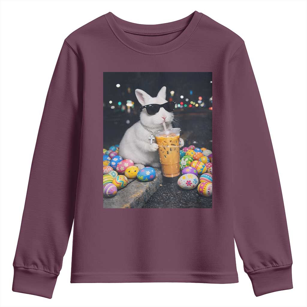 Cool Easter Bunny Drinking Iced Coffee Graphic Youth Sweatshirt Funny Sunglasses Rabbit Spring Aesthetic