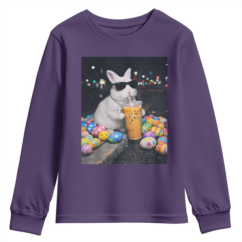 Cool Easter Bunny Drinking Iced Coffee Graphic Youth Sweatshirt Funny Sunglasses Rabbit Spring Aesthetic
