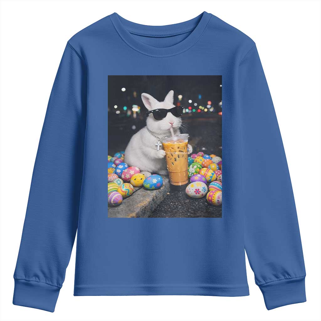 Cool Easter Bunny Drinking Iced Coffee Graphic Youth Sweatshirt Funny Sunglasses Rabbit Spring Aesthetic