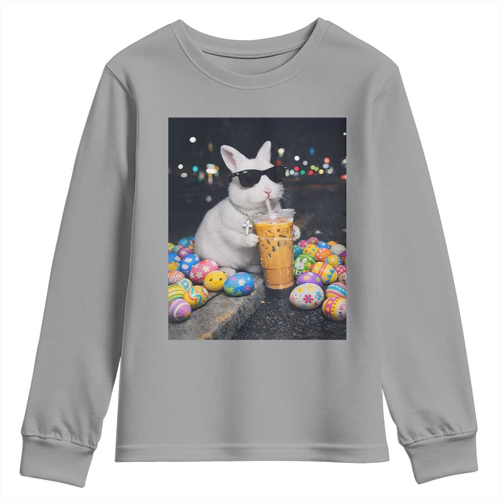 Cool Easter Bunny Drinking Iced Coffee Graphic Youth Sweatshirt Funny Sunglasses Rabbit Spring Aesthetic