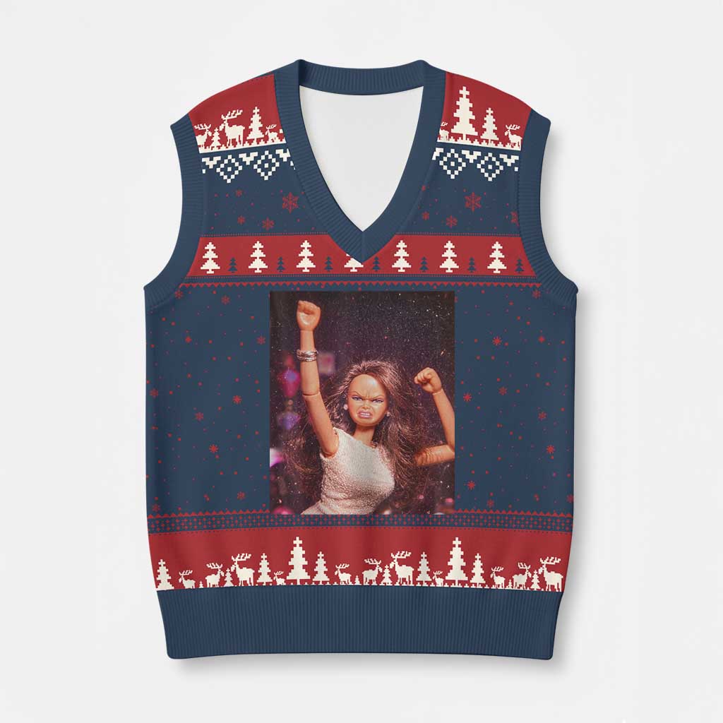 Funny Angry Doll Face Meme Graphic V-Neck Knit Sweater Vest Unhinged Baby Stankface Reaction