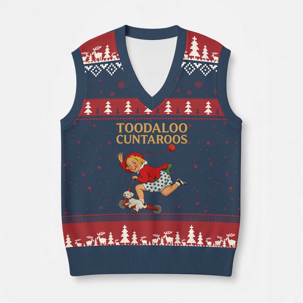 Toodaloo Cuntaroos Funny Offensive Retro Goodbye V-Neck Knit Sweater Vest Vintage Scooter Girl Cartoon Edgy Adult Humor