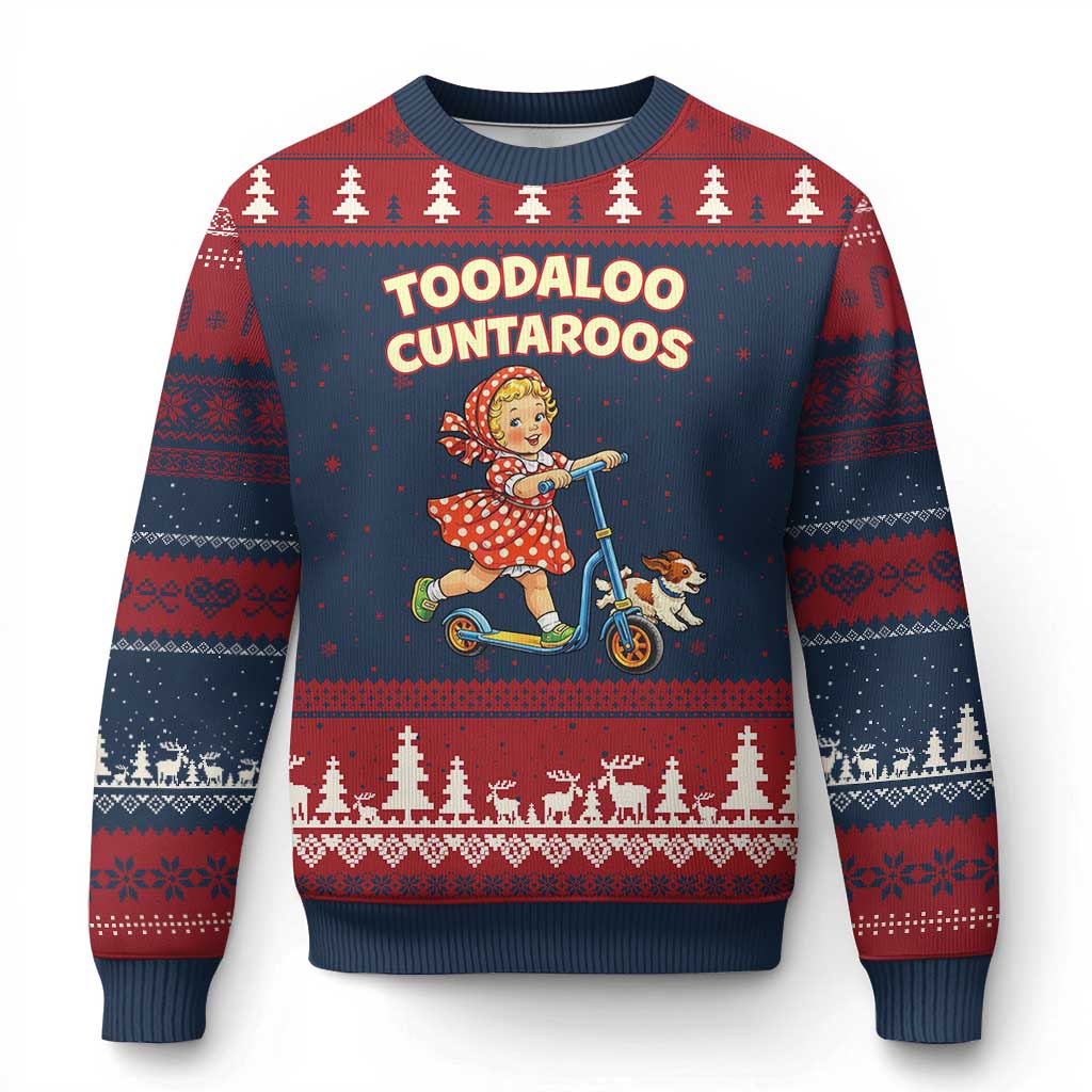 Toodaloo Cuntaroos Retro Scooter Girl Ugly Christmas Sweater Funny Offensive Retro Goodbye Meme Dark Humor