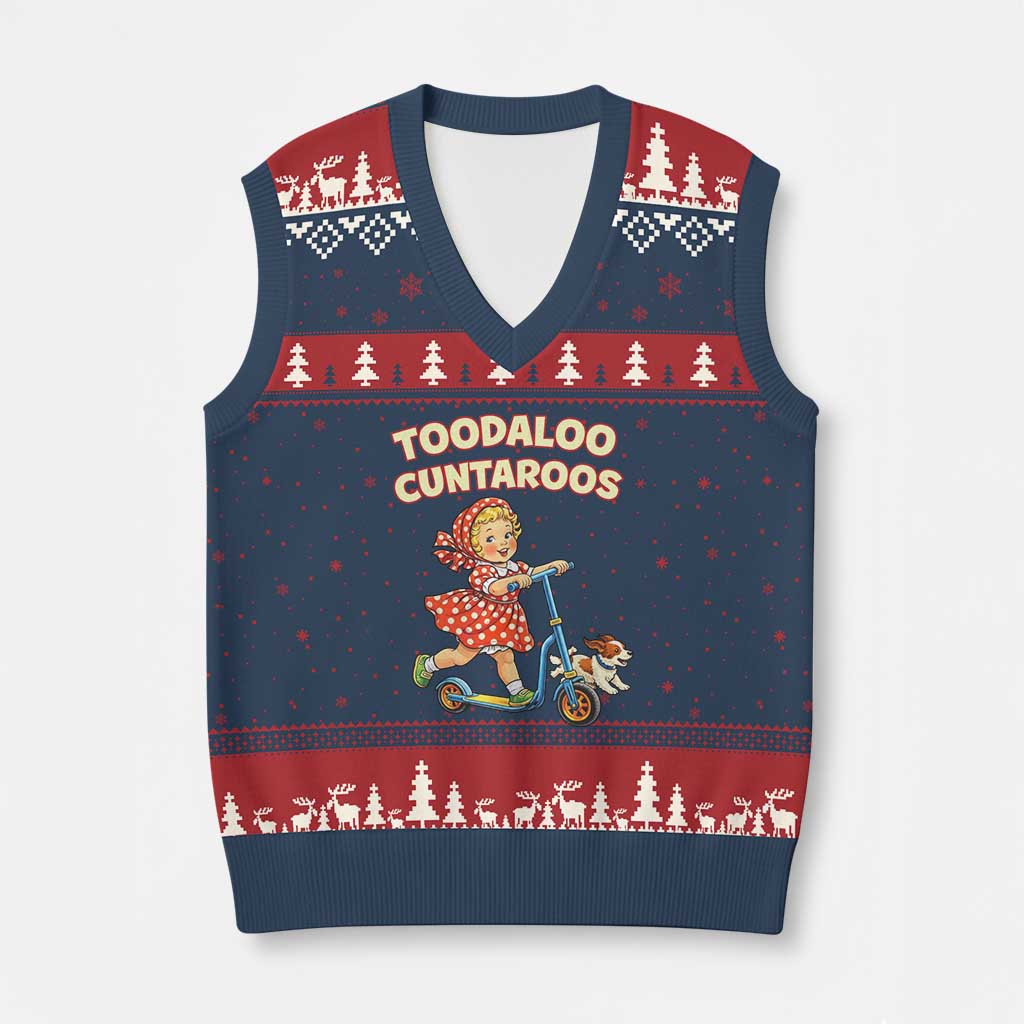Toodaloo Cuntaroos Retro Scooter Girl V-Neck Knit Sweater Vest Funny Offensive Retro Goodbye Meme Dark Humor