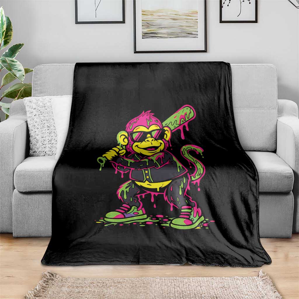 Neon Dripping Monkey Baseball Graphic Throw Blanket Ball Party Game Day Vibes