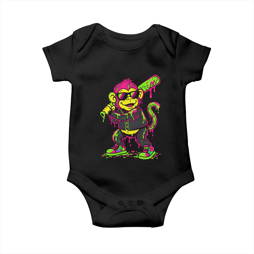Neon Dripping Monkey Baseball Graphic Baby Onesie Ball Party Game Day Vibes