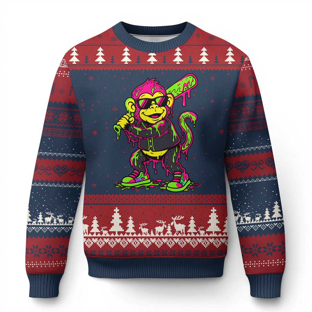 Neon Dripping Monkey Baseball Graphic Ugly Christmas Sweater Ball Party Game Day Vibes