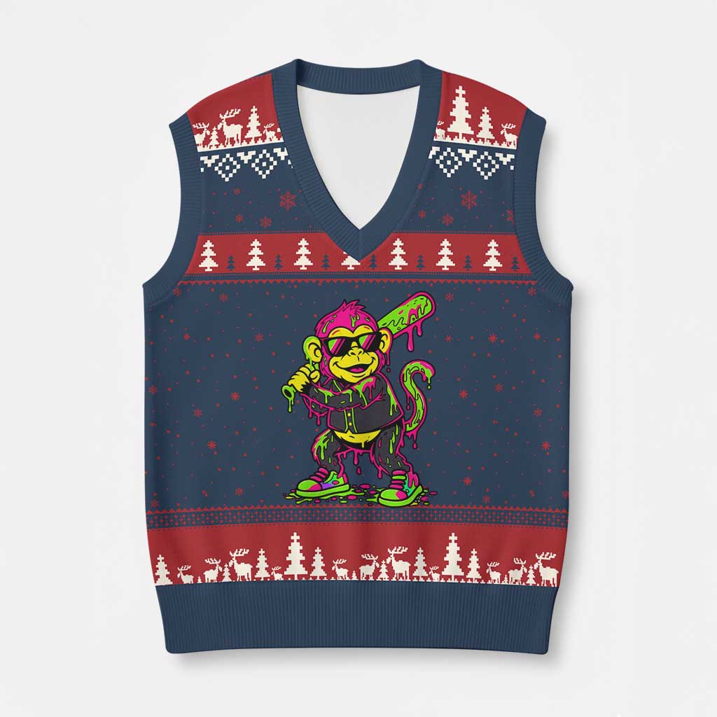Neon Dripping Monkey Baseball Graphic V-Neck Knit Sweater Vest Ball Party Game Day Vibes