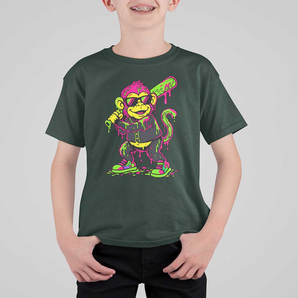 Neon Dripping Monkey Baseball Graphic T Shirt For Kid Ball Party Game Day Vibes