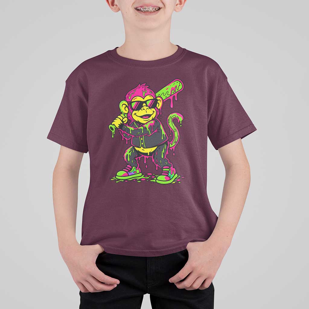 Neon Dripping Monkey Baseball Graphic T Shirt For Kid Ball Party Game Day Vibes