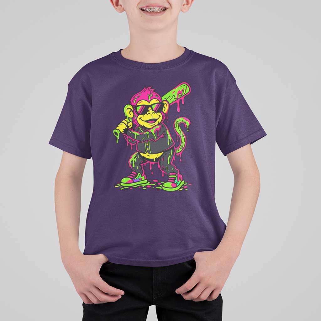 Neon Dripping Monkey Baseball Graphic T Shirt For Kid Ball Party Game Day Vibes