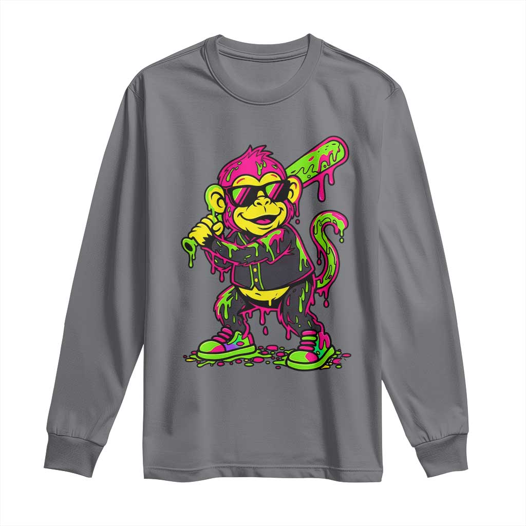 Neon Dripping Monkey Baseball Graphic Long Sleeve Shirt Ball Party Game Day Vibes